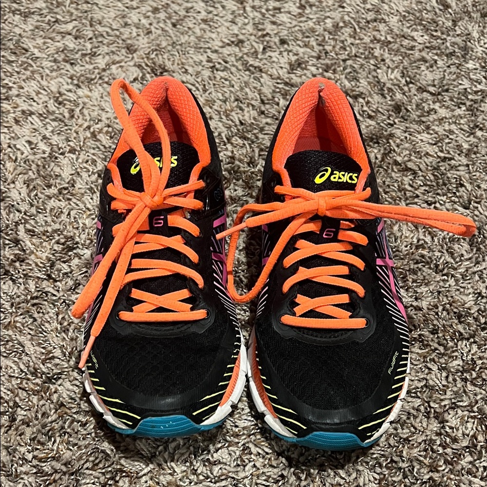 Asics Black Running Shoes with Bright Orange Laces and Pink Accents